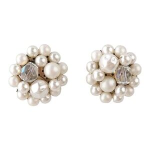Vintage Japan Signed Faux White Pearl Bead Silver-toned Clip Earrings